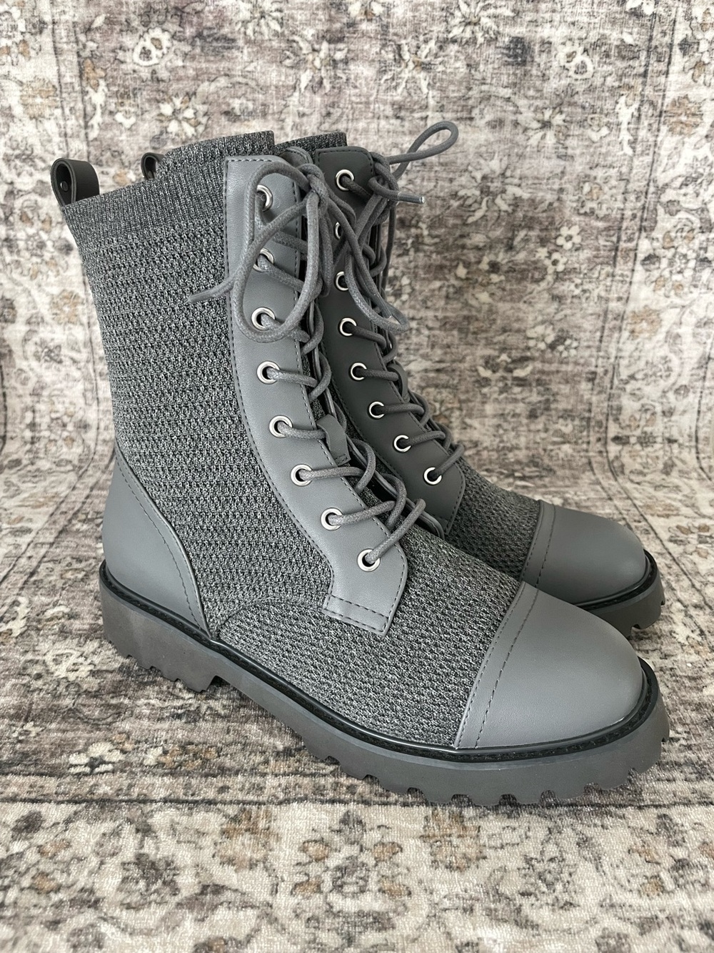 Rare Women's Gray Knit Lace-Up Combat Boots